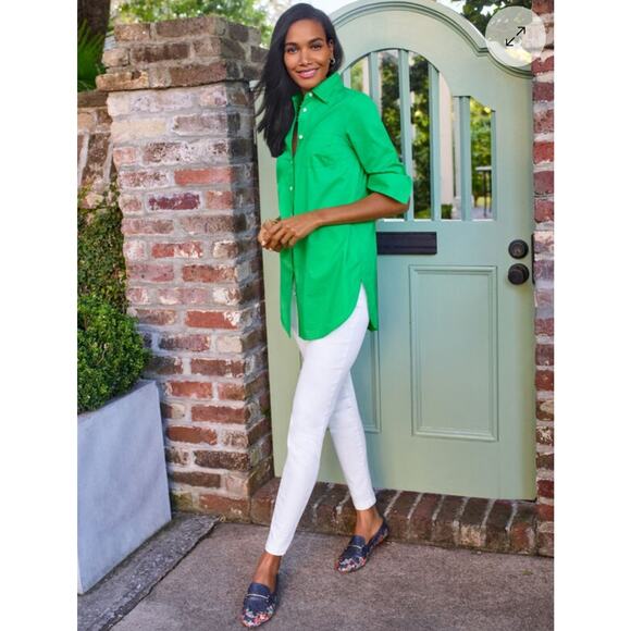 Talbots Sz S Kelly Green The Boyfriend Collared Button Up Curved Hem Cotton - Picture 2 of 12